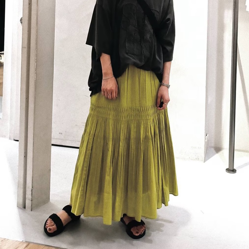 Japanese pleated green drop waist maxi skirt